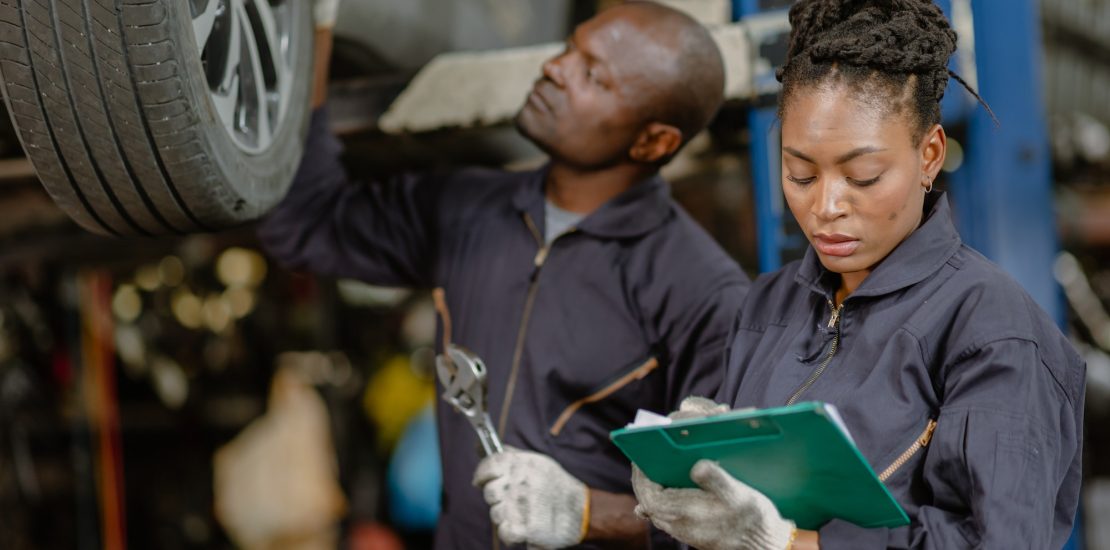 garage mechanic team working car auto service black african people professional worker together